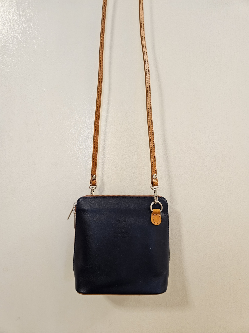 Italian Leather Crossbody Bag in Navy with Tan Strap